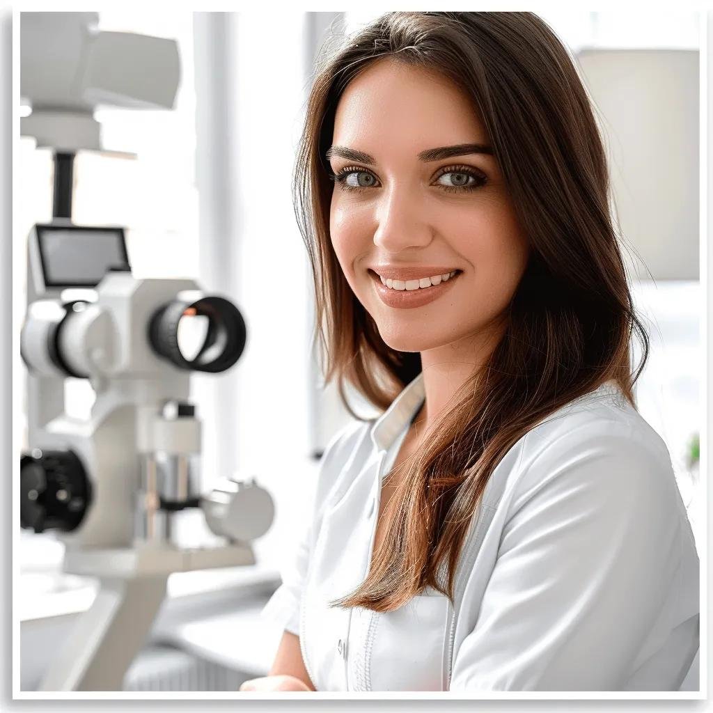 a confident patient with a clear, bright gaze stands in a sleek, modern lasik surgery clinic, the advanced laser equipment subtly illuminated in the background, symbolizing the transformative benefits of vision correction.