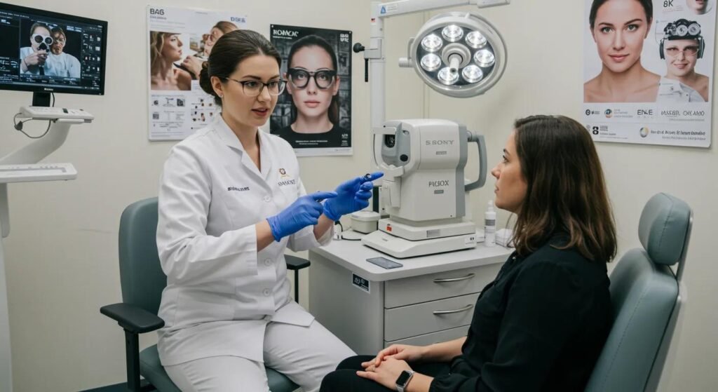a well-lit modern clinic interior showcases an eye care expert confidently explaining the realities of lasik surgery to an attentive patient, surrounded by advanced medical equipment and informational posters.